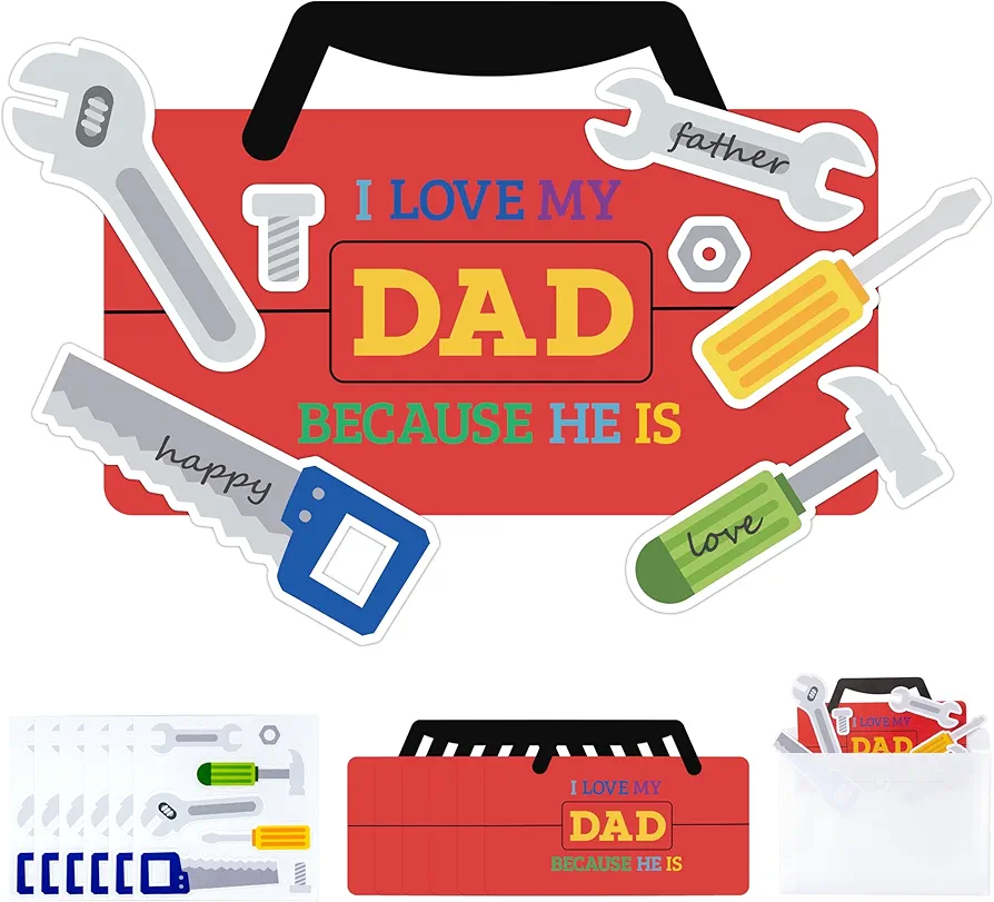 WATINC Father Greeting Card - 24Pcs I Love My Dad Because Craft Gift with Envelope, Make Your Own Tool Box Card Decoration，DIY Fathers Art Crafts Party Home School Fun Activities Supplies