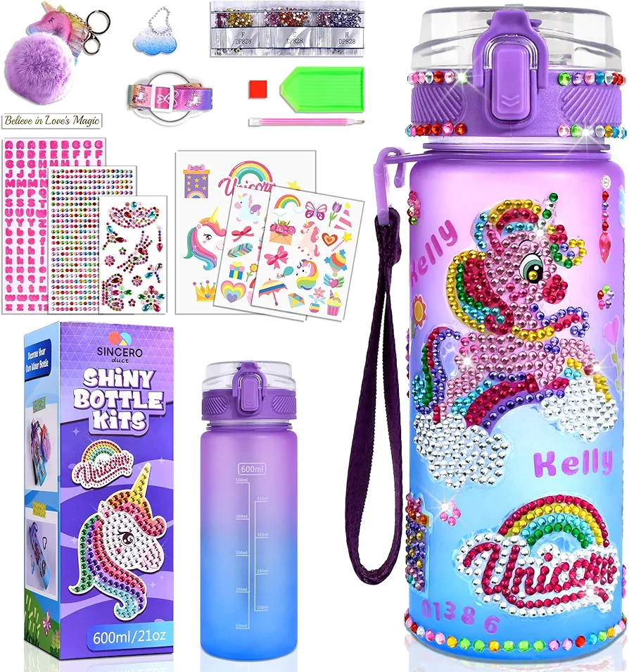 sinceroduct Decorate Your Own Water Bottle Kits Gifts for Girls Aged 4-12, Unicorn Diamond Arts and Painting Crafts Kit Girl Toys for 7/6 Year Old Girl Birthday 5 Year Old Girl Gift & Christmas Gifts