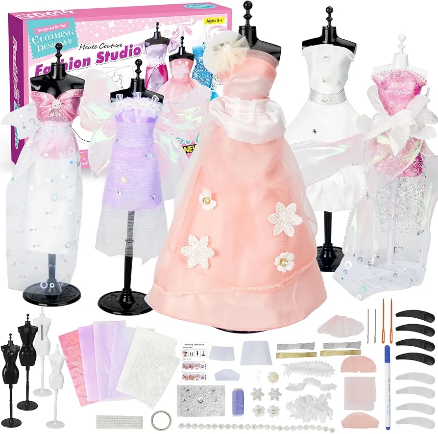 YWXFCH Fashion Designer Kits for Girls, DIY Creative Art Sewing Kit for Kids, 4 Mannequin Stand, STEM Toys Crafts for Girls Ages 8-12, Gift for Teens Girls Kids Age 6 7 8 9 10 11 12+