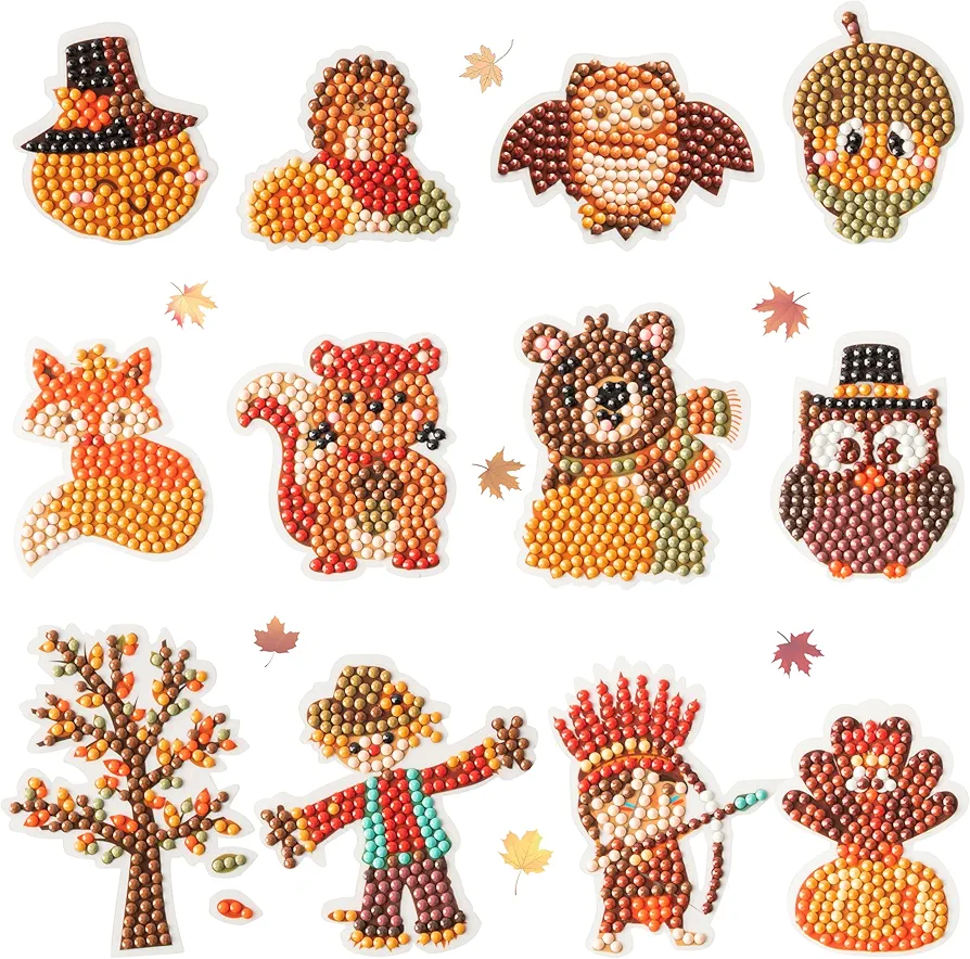 MALLMALL6 12Pcs Fall Diamond Sticker Kit for Kids - Autumn Paint with Diamond by Number Fox Owl Rhinestone Mosaic Stickers Thanksgiving Party Supplies Pumpkin Maple Leaf DIY Art Craft Gifts