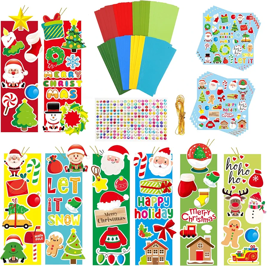 chiazllta 645 Pcs Christmas Crafts for Kids DIY Holiday Bookmark Arts and Crafts, Make Your Own Bookmarks with Claus, Snowman Stickers, Classroom Home Indoor Game Activity for Preschool, 48 Sets