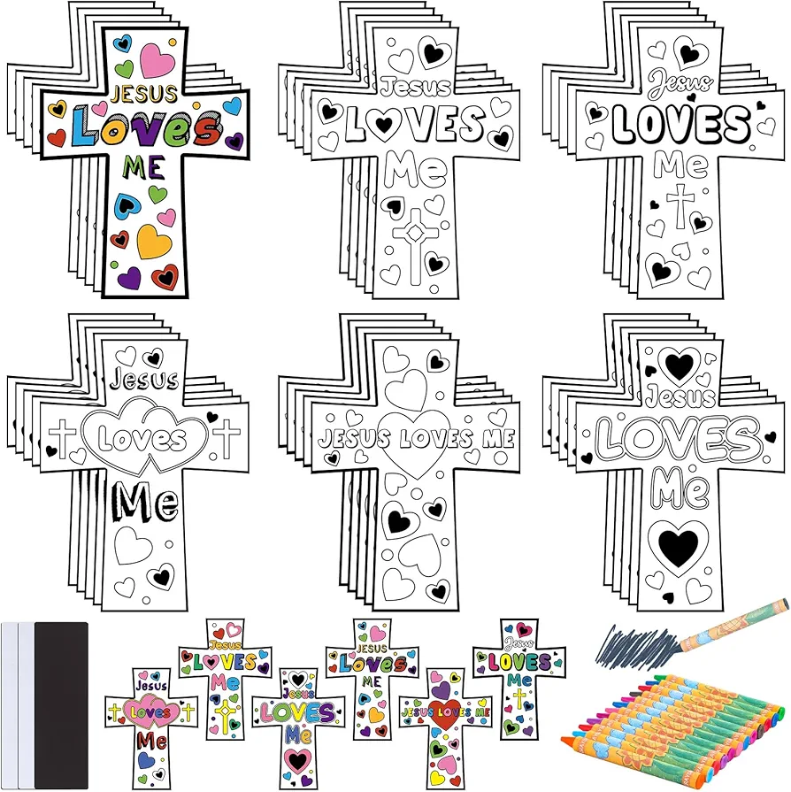 30 Sets Christian Crafts for Kids Cross Sunday School Craft Jesus Loves Me Religious Color Your Own DIY Crafts Ornaments for Sunday Sunday Classroom Party Home Art Activities(Cross)