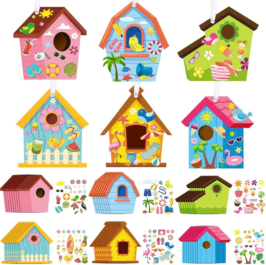 Pasimy 48 Pcs Summer Craft Kits for Kids DIY Birdhouse Sticker Crafts Kit Make Your Own Summer Ornaments Craft Summer Arts and Craft for Kids Ages 3, 4, 5, 6, 8, 12 Summer Party Favors