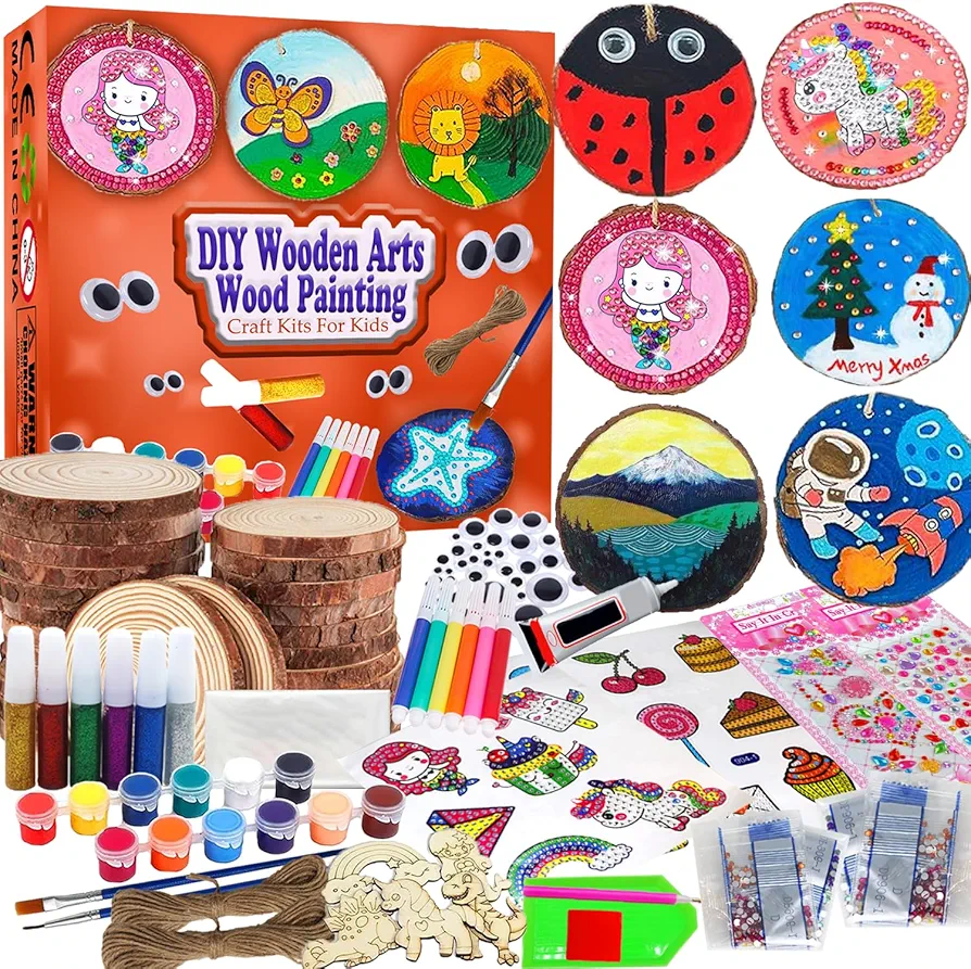 Huastyle Arts & Crafts Kits for Kids Girls Ages 8-12, 24 Wood Slices Pack for DIY Ornaments Christmas Decorations, Wooden Crafts for Girls 4 5 6 7 8 9 10 11 12 Years Old