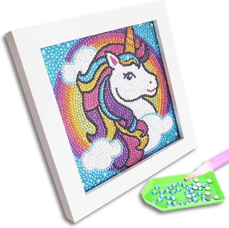 Neliblu Diamond Art for Kids - Enchanting Unicorn Theme - includes Canvas, Frame, Diamonds, Glue, Tray, and Pen - DIY Arts and Craft Materials - Ideal Gift for Young Artists - 6"x6"
