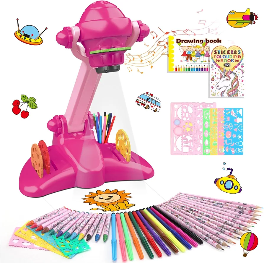 Hoarosall Kids Drawing Projector, Art and Craft Kit, Toys for Girls Aged 3+, Including Colored Pencils, Crayons, Coloring Books, Drawing Stencil etc, Gift for 3+ Year Old Girls (Unicorn Drawing Kit)