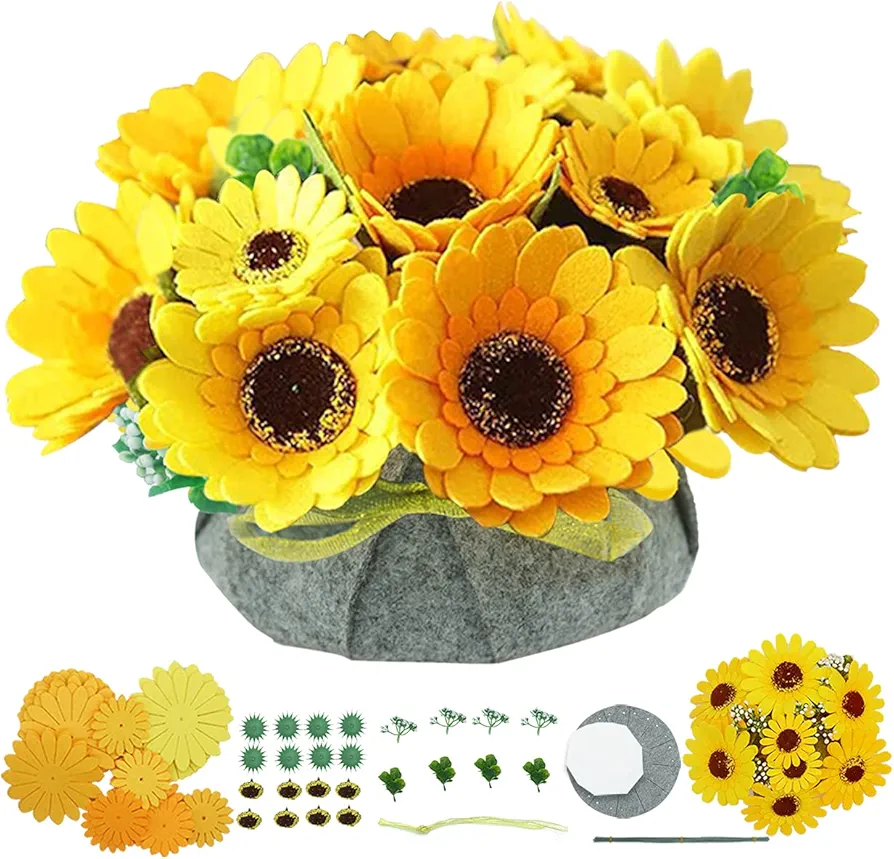 BAZIMA DIY Felt Flower Art Craft Kit, DIY Felt Sunflower Pot Bonsai Kit, Floral Gifts,Beginner Craft Kit,Arrange Pre-Cut Felt Flowers and Foliage