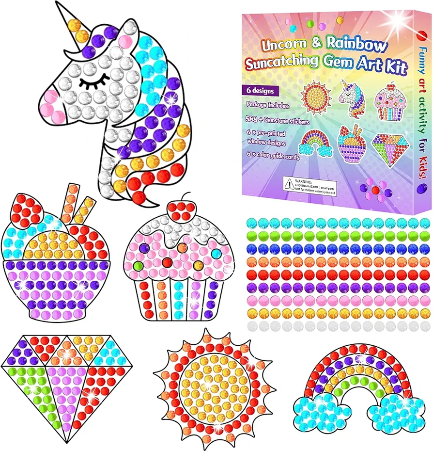 Qyeahkj 6 Pcs Unicorn & Rainbow Arts Crafts DIY Unicorn Gem Diamond Suncatcher Crafts for Kids Rainbow Diamond Painting Gifts Exchange for Kids Girls Boys Aged 4-8-12 for Birthday Party Window Decor