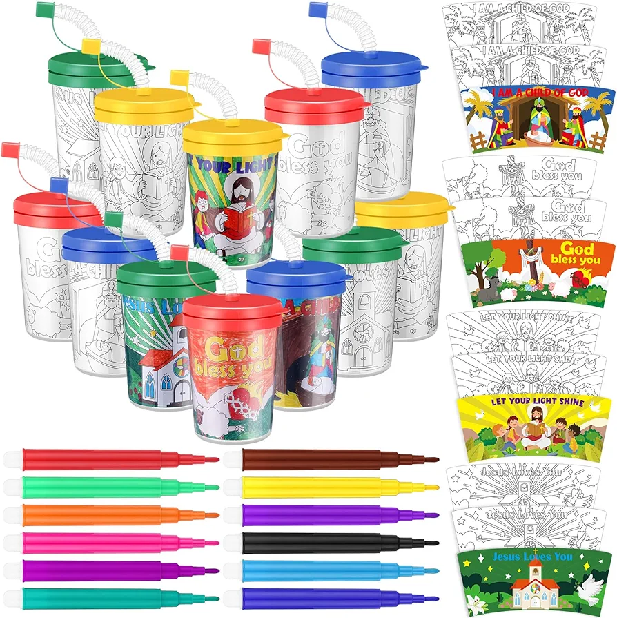 12 PCS Christian Bible Coloring Cups with Watercolor Pen Set Color Your Own Religious DIY Mug Kit Christian Jesus Coloring Craft for Sunday School Bible Church Festivals Favors Supplies