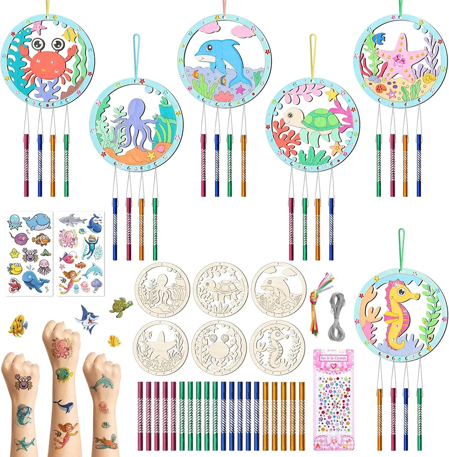 12Pack Wind Chime Kit for Kids Make Your Own Ocean Animals Wind Chime DIY Coloring Wood Crafts Summer Wooden Arts and Crafts Under Sea Ornaments for Boys Girls School Activities Party Decoration