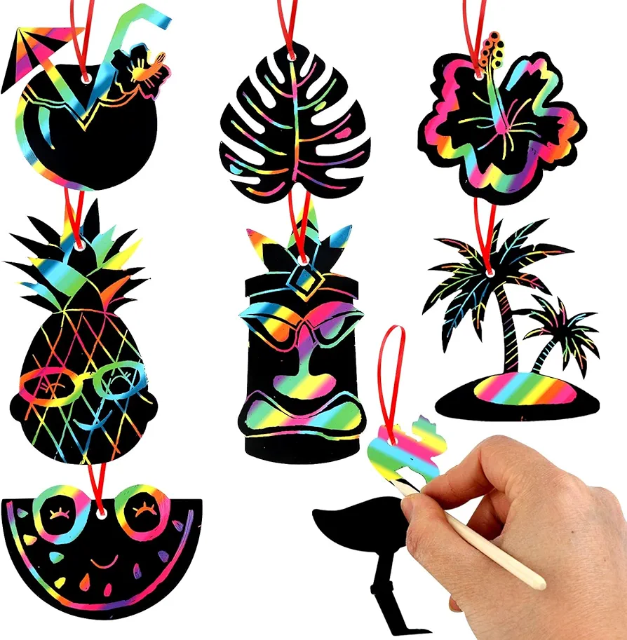 Droutti 64 Pcs Hawaiian Theme Scratch Cards Art Magic Rainbow Scratch Cards Flamingo Pineapple Beach Coconut Shape Scratch Paper Art Set with 70pcs Wood Stylus, 2rolls Ribbon, 100pcs OPP Bags