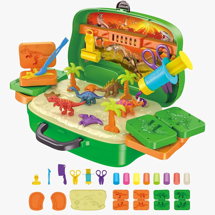 Play Color Dough Toys Set,21PCS Dinosaur Theme Dough Tools Molds with 8 Strips Color Dough,Arts Crafts Kit Educational Toys for Boys Girls 3 4 5 6 Years Old
