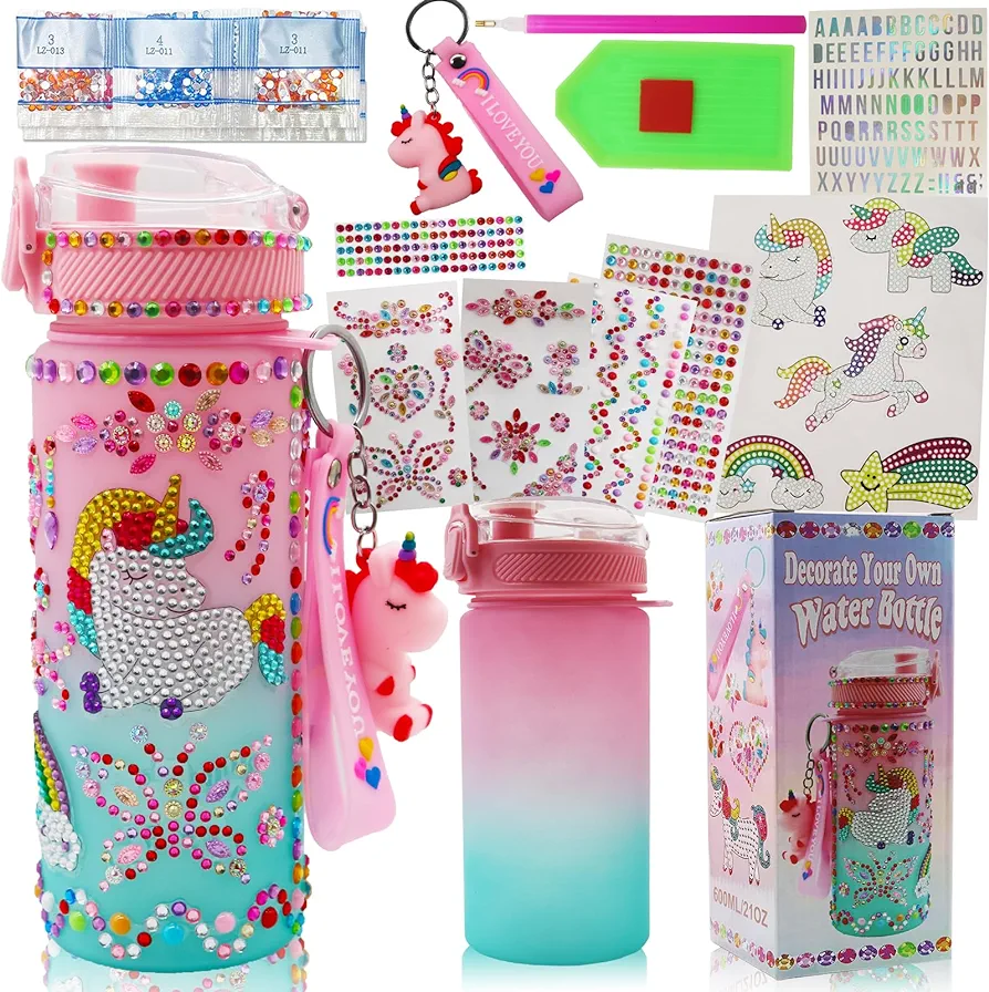 Decorate Your Own Water Bottle Kits for Girls Age 4-6-8-10-12,Unicorns Gem Diamond Paint Crafts,Ideal Fun Arts and Crafts Gifts Toys for Girls Birthday Christmas