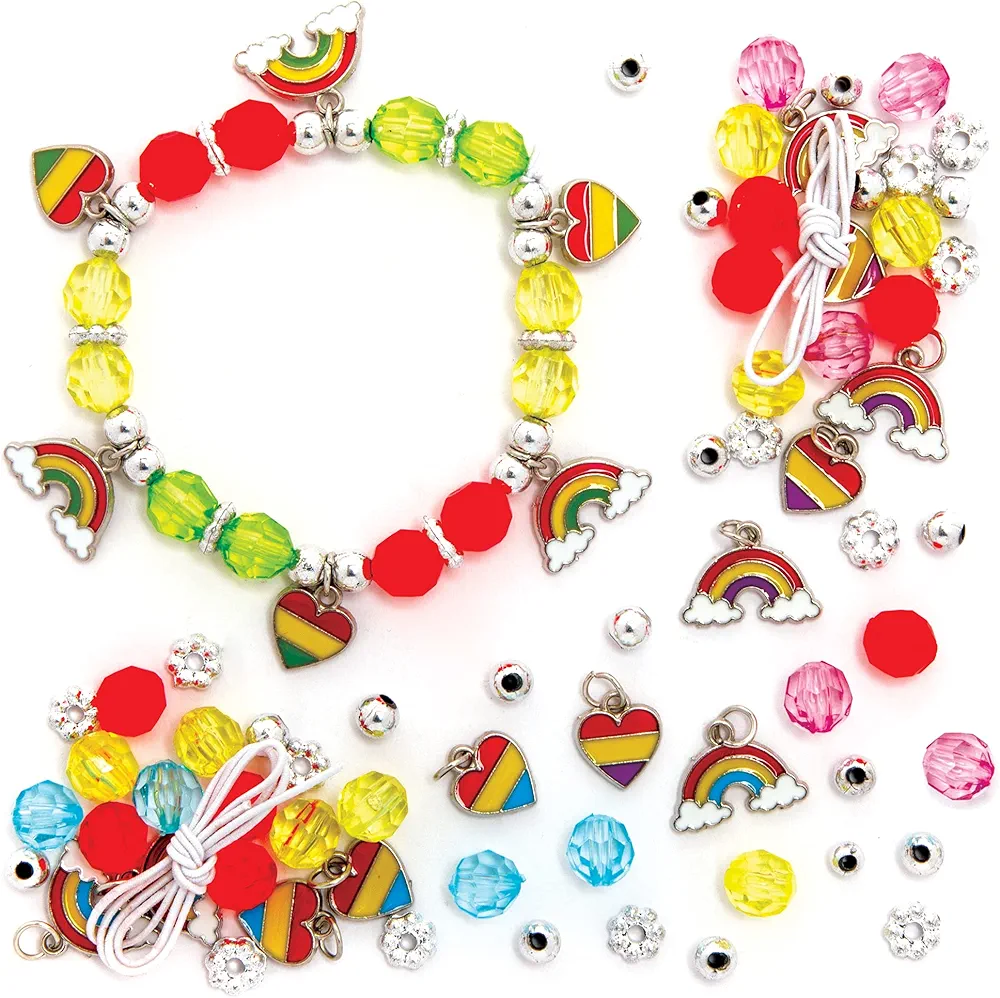Baker Ross FE111 Rainbow Charm Bracelet Kits - Pack of 3, Perfect for Kids Jewelry Making Activities, Bead Art Activities or Party Crafting