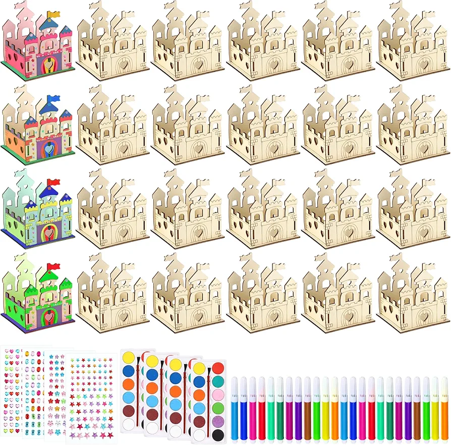 Poen 24 Pcs Build Paint Wooden Castle Crafts Kit with 4 Sets Pigments 4 Sheets Stickers and 2 Sets Watercolor Pens Arts and Crafts Princess Party Games for Kids Girls Princess Birthday Party Supply