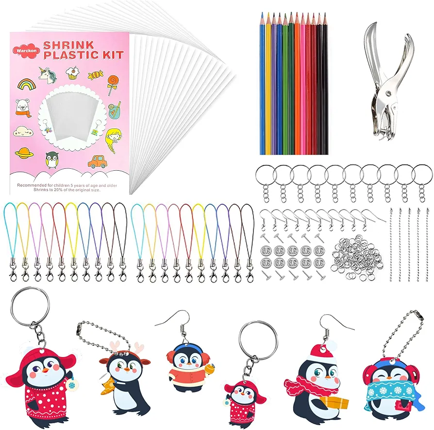 Warckon 198 PCS Shrink Plastic Sheet Kit Include 20 Blank Sheets Shrinky Art Paper(A6 Size), Hole Punch,165 Keychains Accessories, 12 Colored Pencils for Kids DIY Ornaments Creative Handmade Craft