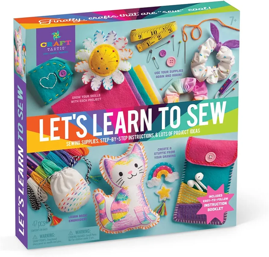 Craft-tastic — Let's Learn to Sew — Craft Kit — Includes Step-by-Step Instruction Book, Reusable Supplies to Teach Basic Sewing Stitches, Embroidery & More for Beginners — Ages 7+