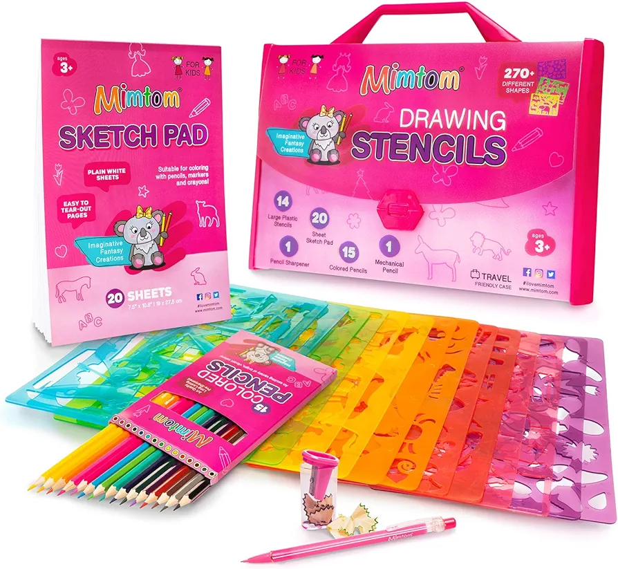 Mimtom Drawing Stencil Kit for Kids, 51 PC Art Set with 270+ Shapes, Sketch Pad, and Colored Pencils for Child's DIY Arts and Crafts, Draw with Princess, Fairies and Animal Stencils, Pink