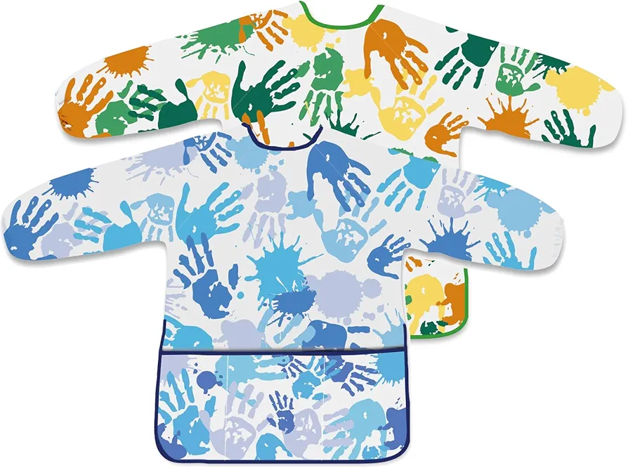 2 Pcs Kids Art Smock Painting Toddler Smock Long Sleeve with 3 Pockets for Kids Art Painting Activity Kitchen Crafts (Blue, Green)