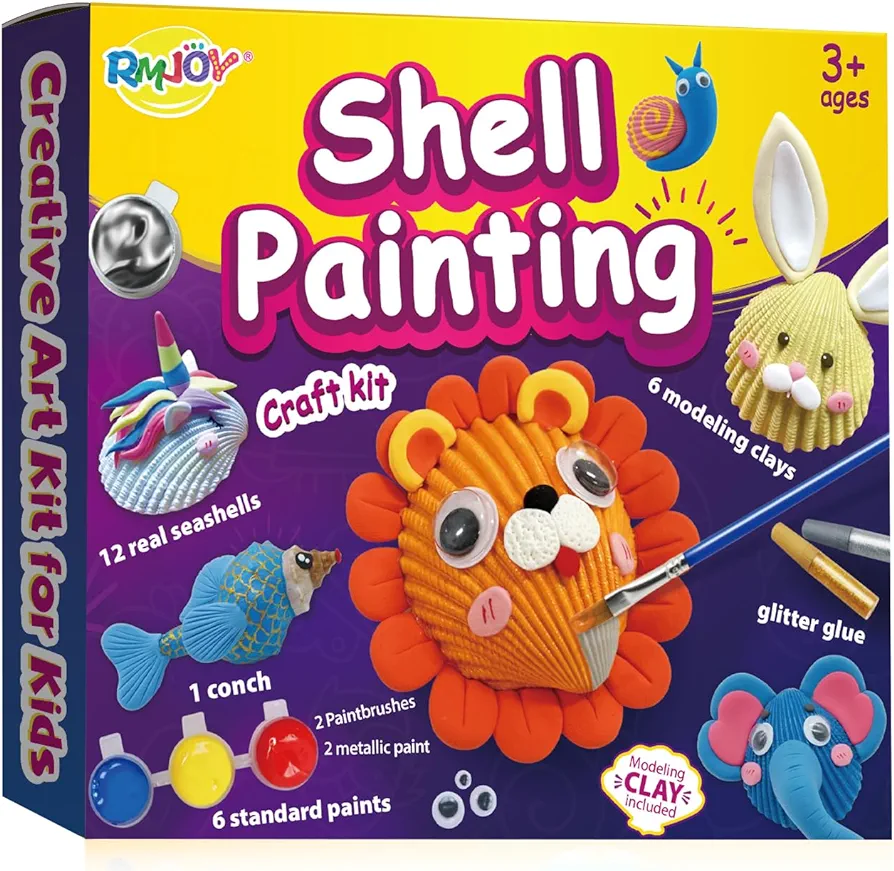 RMJOY Arts & Crafts Kit for Kids: Sea Shell Painting Kit Creativity Craft Kits with 12 Shells 6 Paint 6 Clay Suitable for Painting & DIY Molding Magic Clay Gifts Toys for Ages 3-12 Year Old Boys Girls