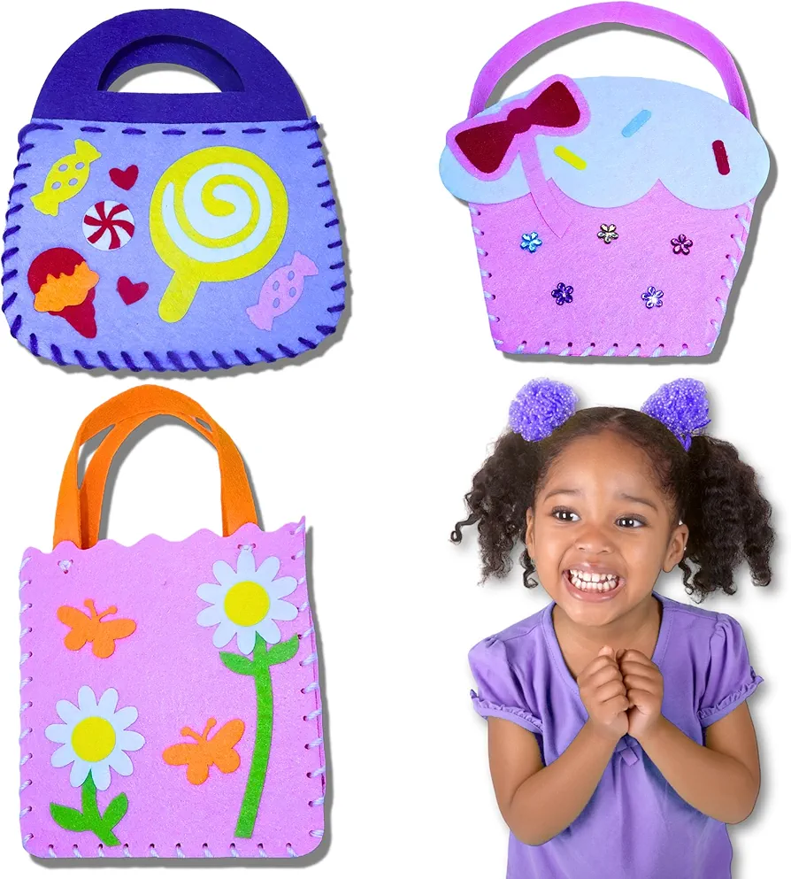 BeeBlosie Felt Handbag Sewing Kit for Girls and Boys Ages 5 6 7 8, Learn to Sew Flower and Candy Purse, 3 Easy Beginner Arts & Crafts DIY Projects Gifts for Kids