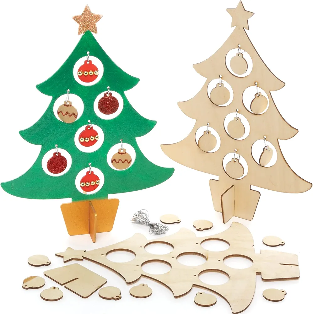 Baker Ross FE904 Christmas Tree Wooden Decoration Kits - Pack of 2, Wooden Crafts for Children to Decorate and Display, Make Your Own Christmas Decorations