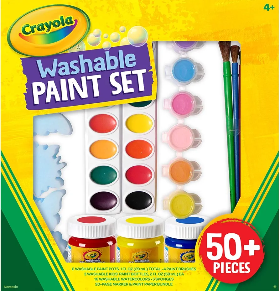 Crayola Washable Kids Paint Set (50pcs), Includes Watercolor & Washable Paints, Painting Paper, Paint Sponge, Kids Paint Brushes