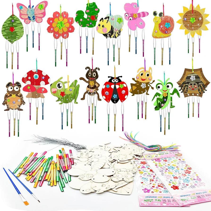16 Pack Spring Activities for Kids，Paint Insect Party Favors Butterfly Craft Wind Chime Kit Wooden Paint Arts DIY Coloring Craft for Spring Summer Bugs Party Art Activity Supplies (Insect)