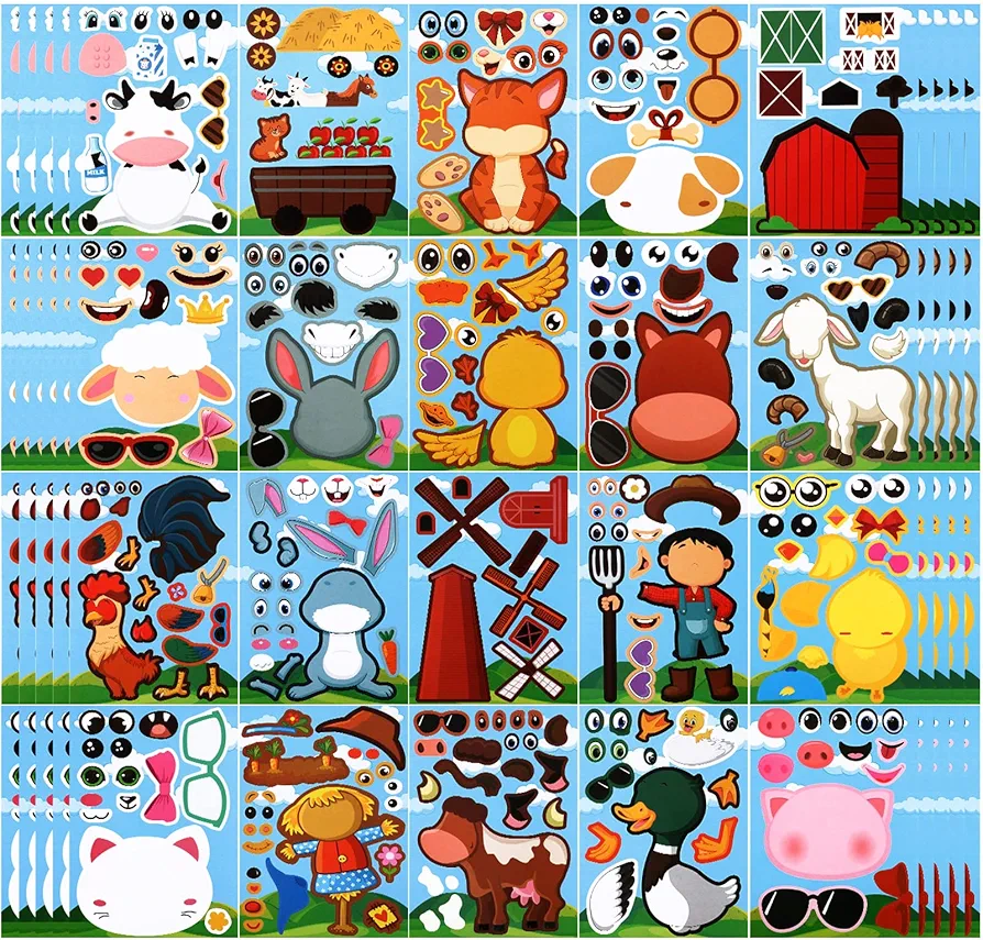100 Pcs Make a Farm Animal Stickers Sheets Farm Themed Birthday Party Favors Supplies Barnyard Birthday Party Supplies Farm Animal Party Favor for Kids DIY Art and Craft Projects Class Rewards
