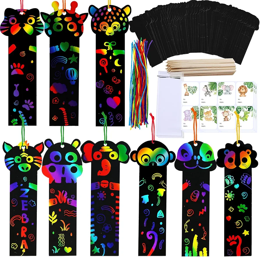 Winlyn 72 Sets 9 Styles Magic Color Scratch Jungle Animal Bookmarks Making Craft Kits DIY Rainbow Scratch Paper Bookmarks Art Sets for Kids Students Classroom Activities Reading Rewards Party Favors