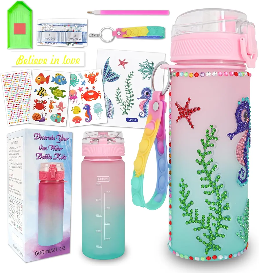 Decorate Your Own Water Bottle Kits for Girls Age 4-6-8-10 Mermaid Tails Painting Crafts Toys Fun Arts and Crafts Gifts for Girls Birthday Christmas(Mermaid)