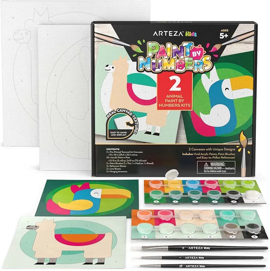 Arteza Kids Paint by Numbers Kit, 10 x 10 Inches, Pre-Printed Animal Canvas Painting Kit with 2 Canvases, 24 Acrylic Paint Pots, 3 Paintbrushes, Art Supplies for Developing Hand-Eye Coordination