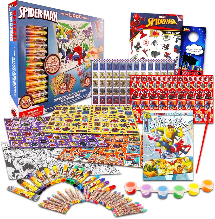 Spiderman Painting Set for Kids - 1000+ Pc Spiderman Arts and Crafts Bundle with Spiderman Canvas, Paint, Coloring Pages, Stickers, and More for Kids | Spiderman Activity Kit