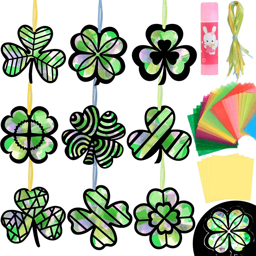Qyeahkj 36PCS St Patrick's Day Suncatchers Paper Craft Set Saint Patrick DIY Shamrock Window Stained Glass Effect Paper for Window Art Classroom Crafts Creative Art Proiects Kids Party Favors Gift