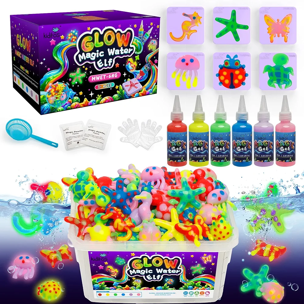 Kiditos Glow in The Dark Magic Water Elf Toy Kit, Magic Aqua Fairy Water Gel Kit with 6 Glow in The Dark Colors and 6 Shape Molds,Birthday Gifts,Party Favors,Arts&Crafts DIY STEM Kits for Kids…