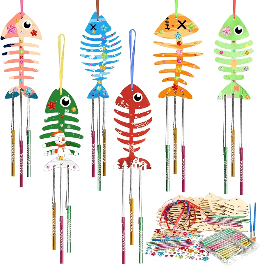 30 Pack Wind Chime Kit Make Your Own Fish Wind Chime Wooden Arts and Crafts for Girls Boys Ornaments DIY Coloring Sping Craft for Birthday Decoration