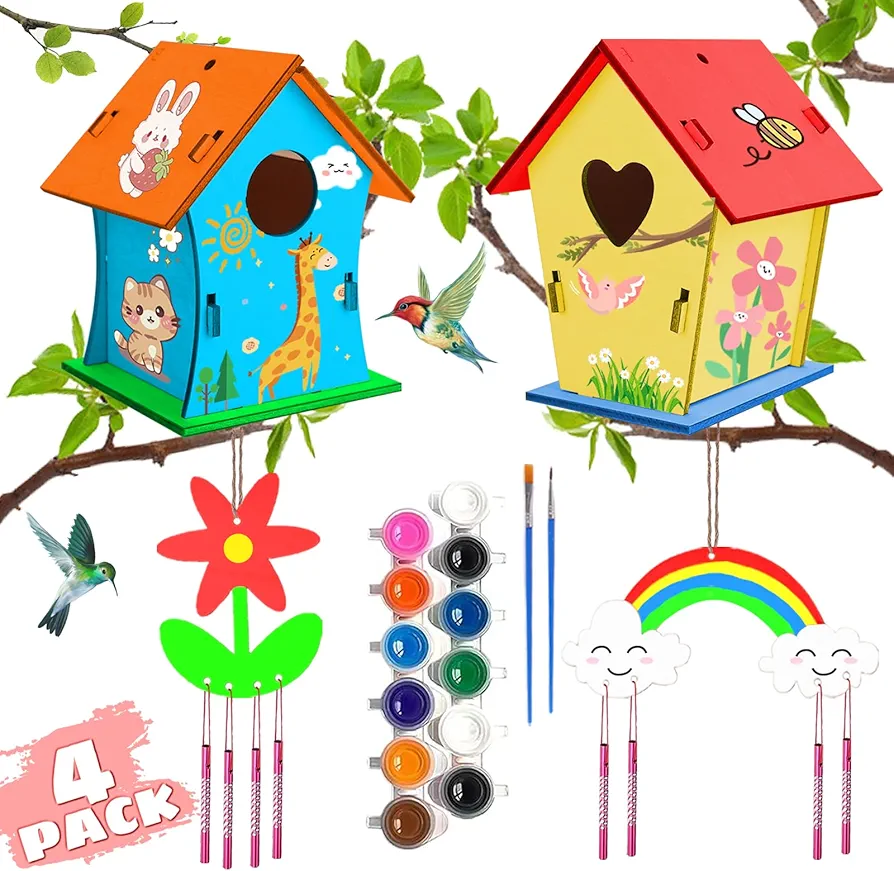 JAS WENAS DIY Birdhouse Craft Kit for Kids - 4 Pack DIY Bird House Kit Painting Puzzle DIY Wooden Assembly, Build and Paint Birdhouse, Wooden Arts and Crafts for Kids Girls Boys Ages 4-6 6-8