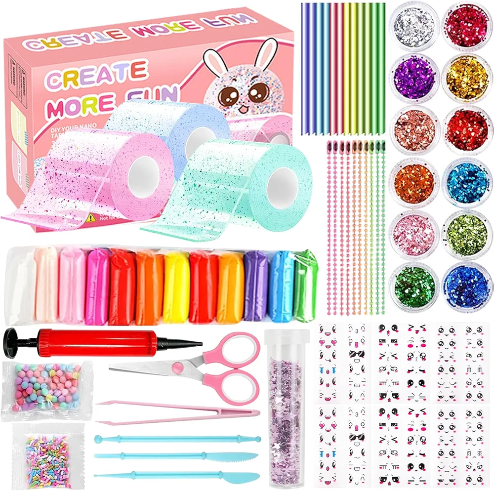 62 Pcs Nano Tape Bubble Kit, Double Sided Elastic Adhesive Tape Bubbles, Handmade DIY Nano Anxiety Relief Stress Balls Toys for Boys Girls, Kids Crafts Party Favors with Glitter Decorative Supplies