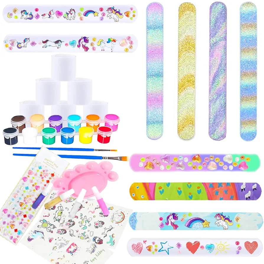 Decorate Your Own Slap Bands with Unicorn Stickers & Glitter Gems, 20 Pieces White Slap Bracelets for Kids Girls Party Favors Supplies Rainbow Snap Wristband, DIY Slap Bracelets Bulk for Birthday