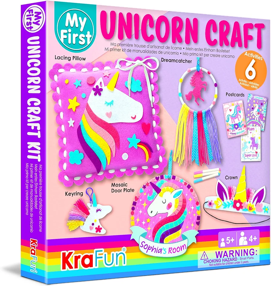 KRAFUN Unicorn Arts & Crafts Kit for Girls Beginner, Includes 6 Creative Activities, No Sew Lacing Pillow, Sew, Coloring, Dreamcatcher, Mosaic Charm, Paper Materials, Instructions & Felt, Kid Gift