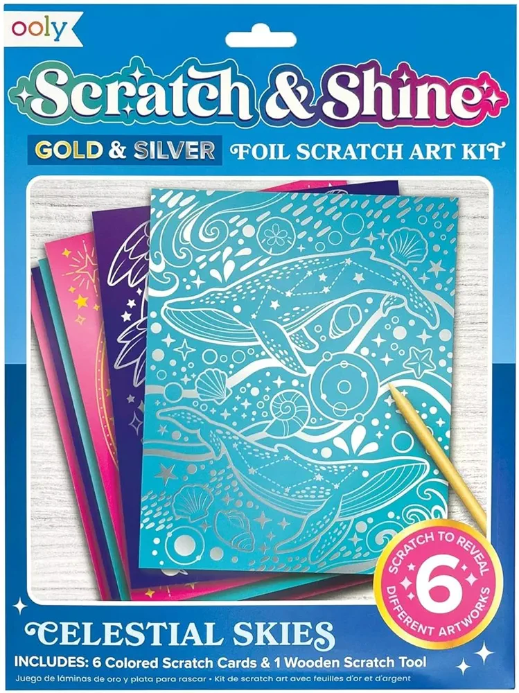Ooly Scratch & Shine: Silver & Gold Foil Scratch Art for Kids, 6 Foil Art Scratch Paper & Scratch Tool, Scratch Art Paper Kit for Kids, Kids Crafts, Fun Gifts and Kids Art [Celestial Skies