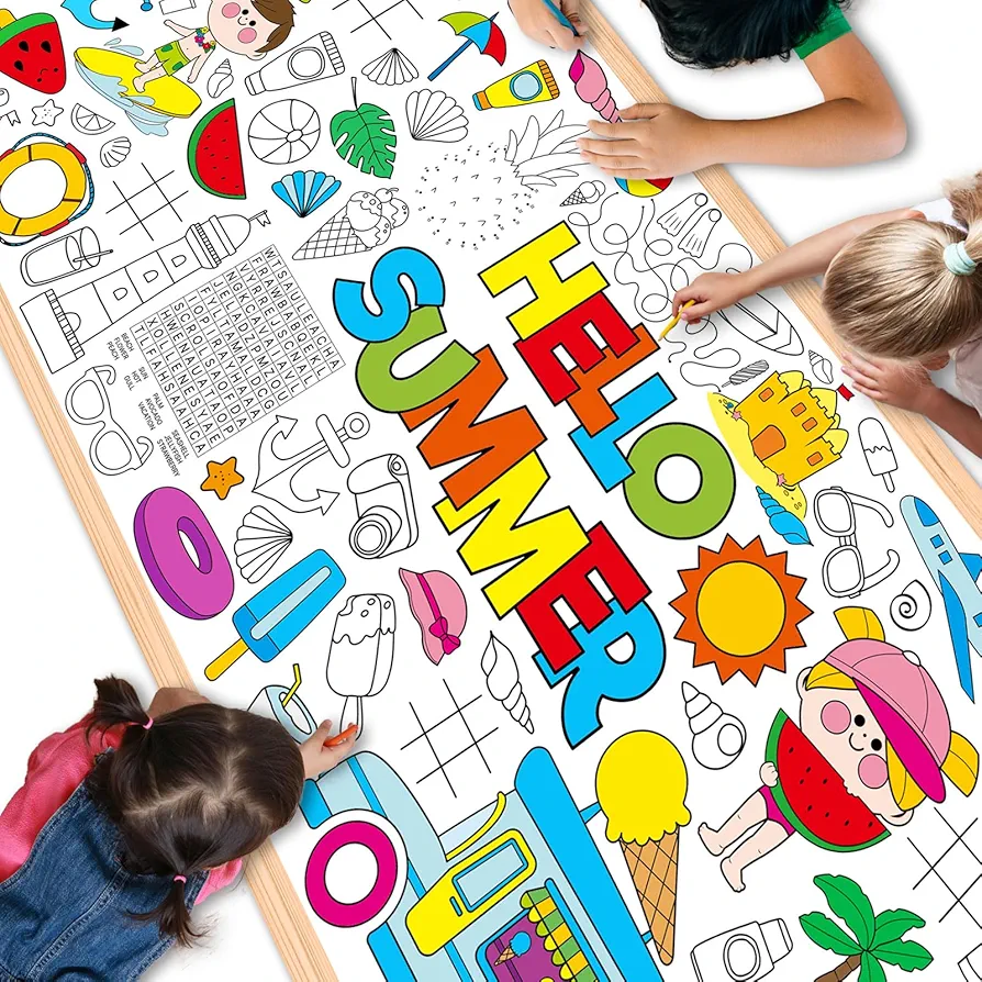 Qyeahkj Giant Coloring Poster Hello Summer Coloring Posters for Kids Jumbo Coloring Table Cover Large Coloring Table Cloth Hawaiian Pool Party Game Activities Supplies Wall Decoration Banner 71 x 30in