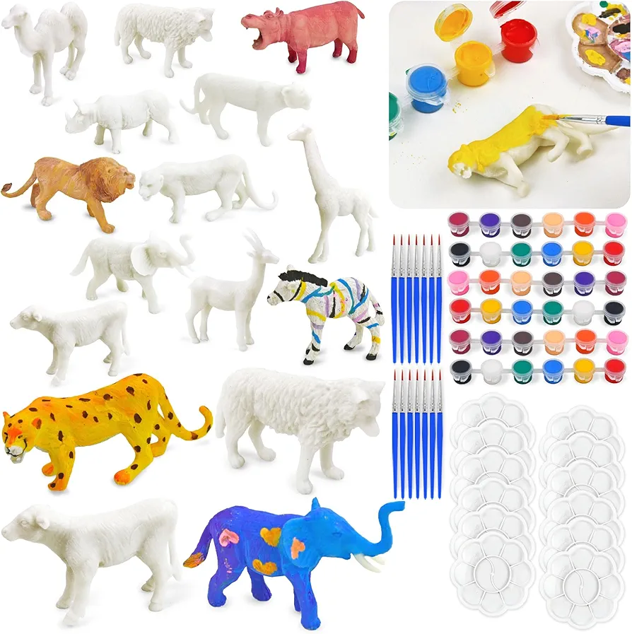 Vileafy Safari Animals Party Favors for Kids Ages 4-8 Years Old, 12 Set Painting Craft Kits Include 12 Animals Figures, 12 Paintbrushes, 12 Palettes, 36 Colors Pigments (Animals)