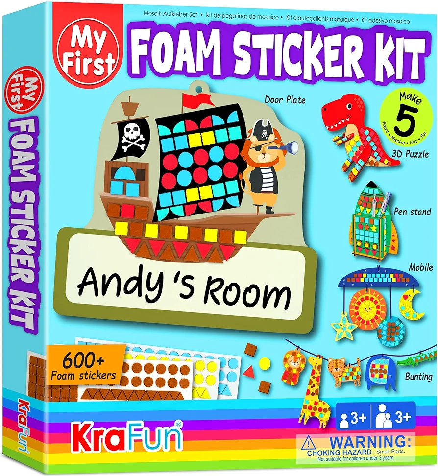 KRAFUN My First Foam Sticker Kit, 5 No Mess Crafting Arts and Crafts for Kids, Animal Craft Kits & Supplies, DIY 600pcs Felt Sticker Creative Activity, Gifts for Boys Ages 3-6
