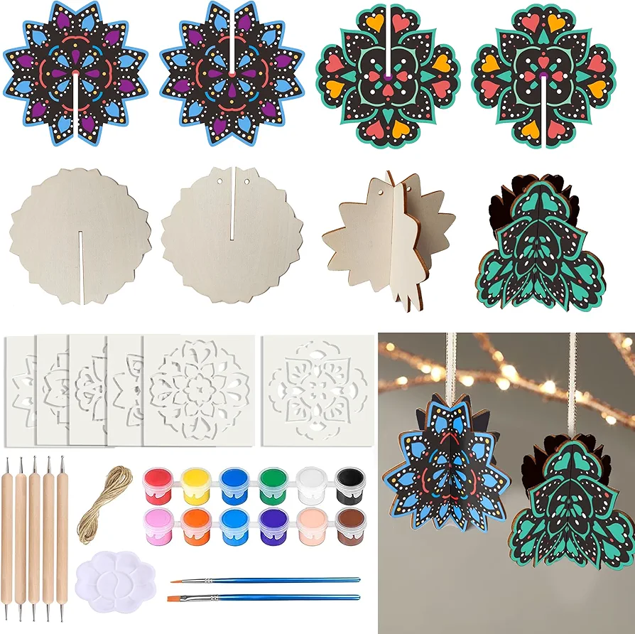 Nuyoach 25 Pcs Wooden Mandala Painting Set with 12 Mandala Art Projects Unfinished Wood Cutouts to Color,Teen Crafts for Girls Ages 8-16,Arts and Cool Crafts Kits for Adults & Kids DIY