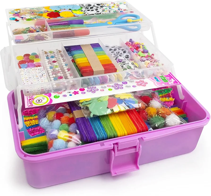 4U4EVER 3000 Kid's Arts and Crafts Supplies Girls' Ultimate Arts and Crafts Supplies Set Portable 3-Layer Plastic Art Box (Purple)