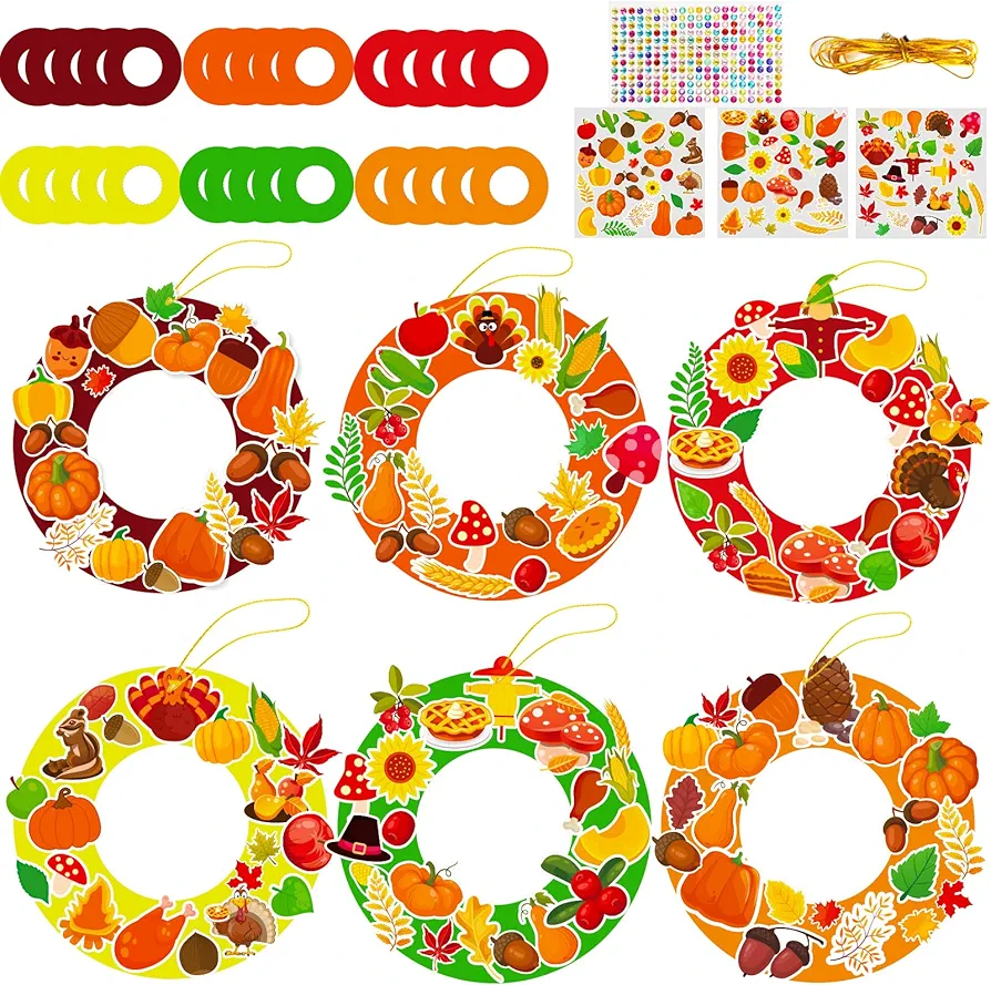 chiazllta 24 Sets Kids' Fall Craft Kit for Preschool,Thanksgiving DIY Wreath Game Autumn Paper Art Craft with Pumpkin Maple Leave Turkey Stickers Home Classroom Indoor Kids' Activities
