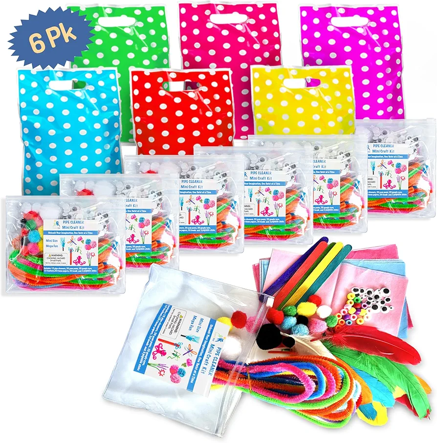 Sam & Sid 6 Pack (600+ Craft Items) Prefilled Birthday Party Favors for Kids Ages 5-12, Sensible Arts & Crafts Favors, Premade Goodie Bags, Mini Individual Craft Kits, Student Graduation Gifts