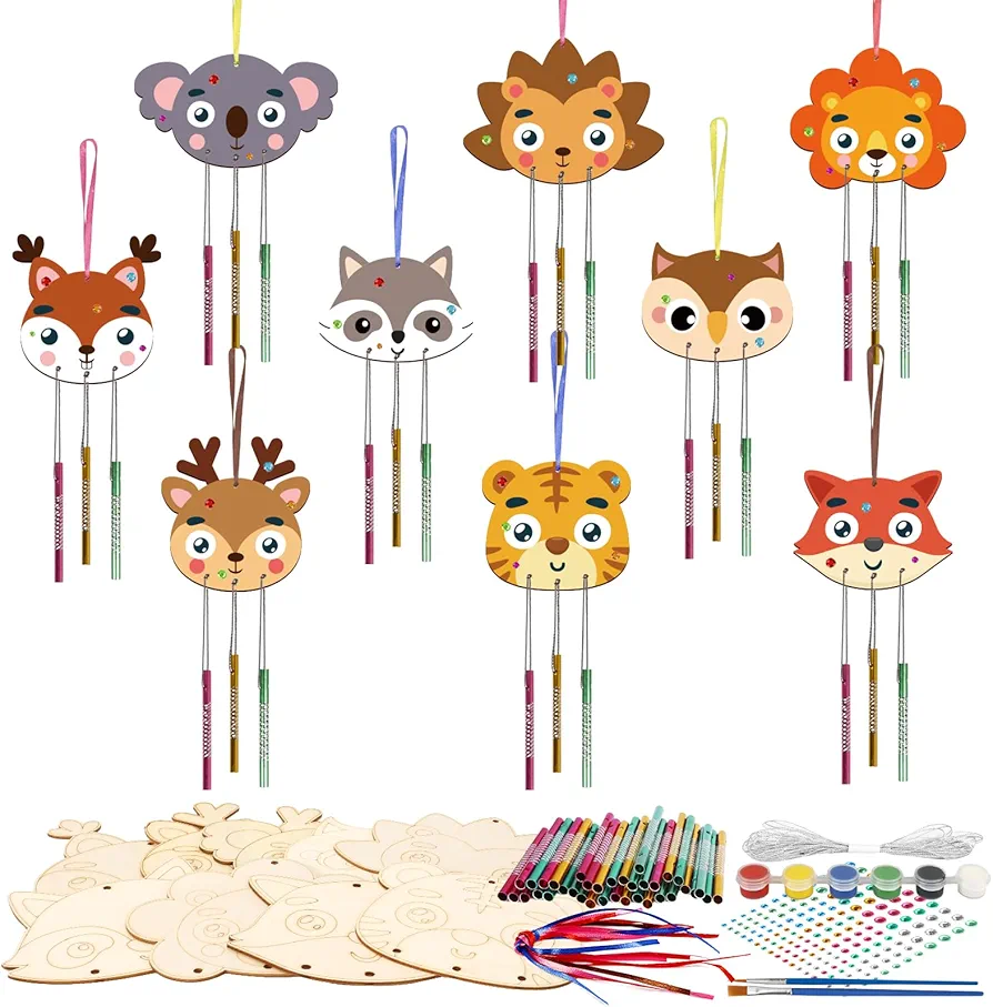 9 Pack Fall Wind Chime Kit for Kids Make You Own Fall Animals Wind Chime DIY Coloring Fall Craft Wooden Hanging Ornaments Outdoor Activity Autumn Thanksgiving Party Decorations