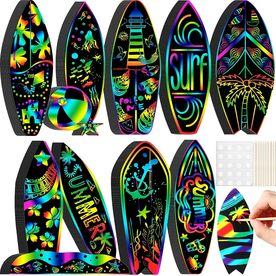 Motionchic 80 Pieces Surfboard Scratch Cards Rainbow Summer Surfing Themed Paper Crafts for Kids Summer Beach Surf Ornament with Wooden Stick and Ribbon for Summer Birthday Party Supplies